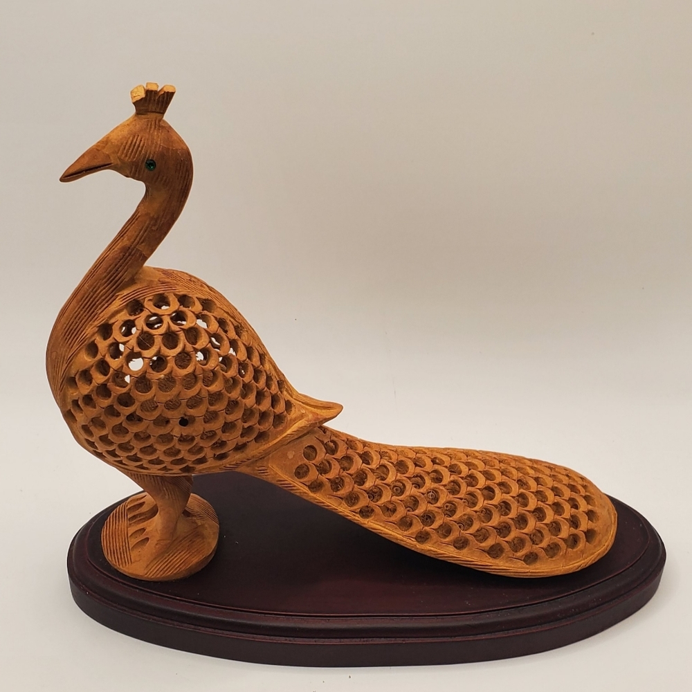 PEACOCK Wood Sculpture, JALI STYLE, Intricate Hand Carved Wood India, 9" x 7.5"